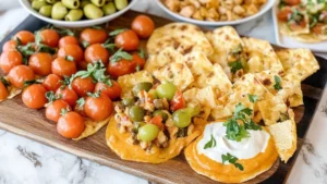 Easy party appetizers platter with dips, crispy snacks, sliders, wings and bite-size party food arranged on a table for a gathering