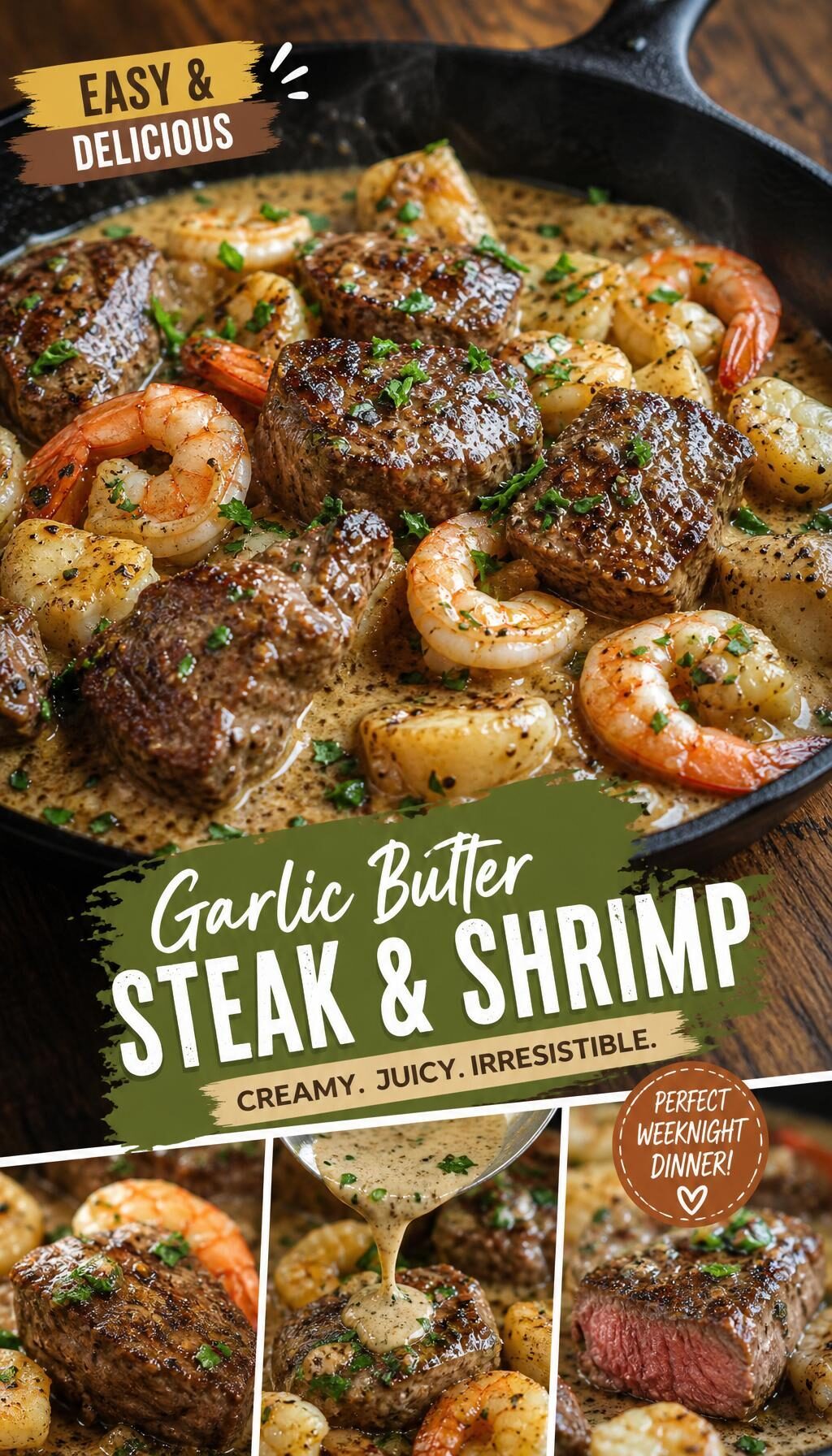 Steak and Seafood Skillet with Garlic Parmesan Cream Sauce